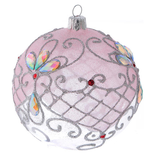 Weihnachtskugel aus transparentem Glas mit rosa- und silberfarbenen Verzierungen Glitter 100 mm 2