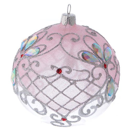 Weihnachtskugel aus transparentem Glas mit rosa- und silberfarbenen Verzierungen Glitter 100 mm 3