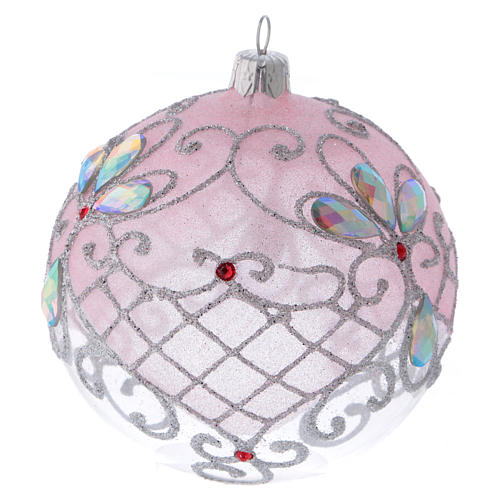 Christmas ball in transparent glass with pink and silver glitter decorations 100 mm 3