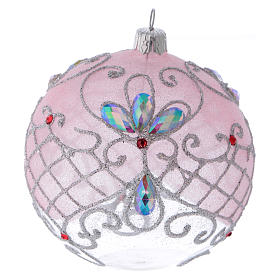 Boule verre transparent décoration rose et argent pailleté 100 mm