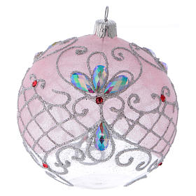 Bola vidro transparente decoração cor-de-rosa e prata com glitter 100 mm