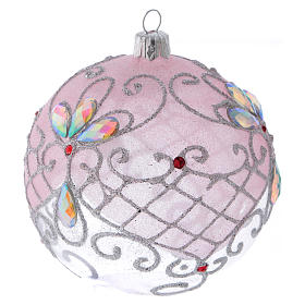 Bola vidro transparente decoração cor-de-rosa e prata com glitter 100 mm
