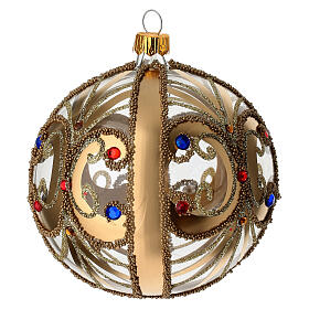 Pallina Natale vetro trasparente con decorazione oro e pietre colorate 100 mm