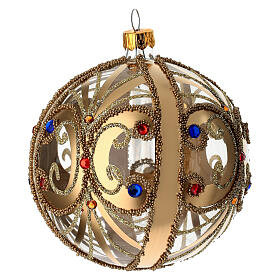 Pallina Natale vetro trasparente con decorazione oro e pietre colorate 100 mm