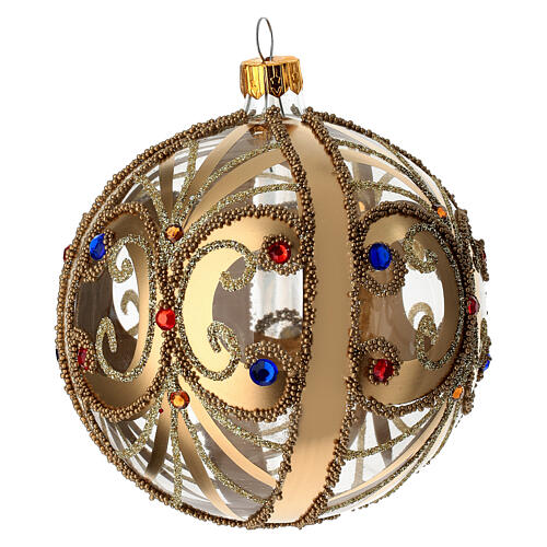 Pallina Natale vetro trasparente con decorazione oro e pietre colorate 100 mm 2