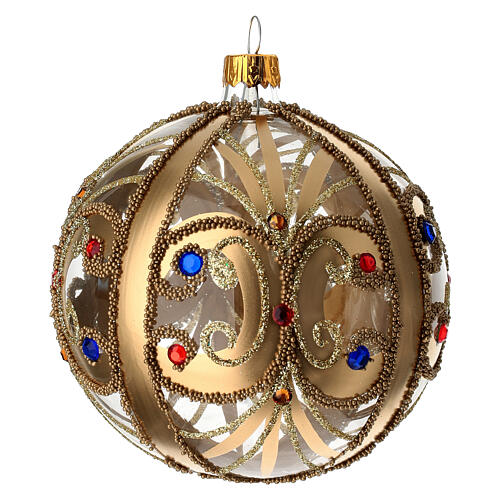Pallina Natale vetro trasparente con decorazione oro e pietre colorate 100 mm 3