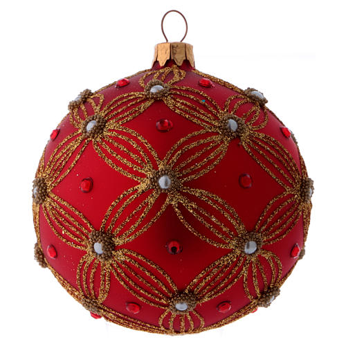 Weihnachtskugel aus Glas Grundton Purpur mit Perlen und goldenen Verzierungen 100 mm 1