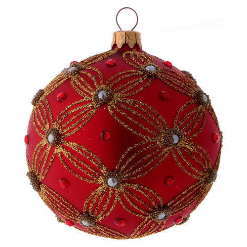 Weihnachtskugel aus Glas Grundton Purpur mit Perlen und goldenen Verzierungen 100 mm 2