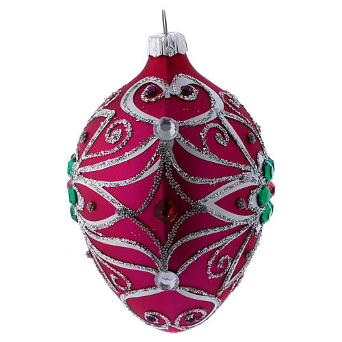 Weihnachtskugel in Tropfenform aus Glas Grundton Pink mit silberfarbenen floralen Verzierungen 80 mm 2