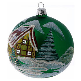 Weihnachtskugel aus Glas Grundton Grün Motiv skandinavische Hütte 100 mm