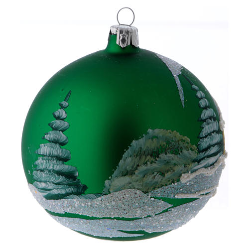 Weihnachtskugel aus Glas Grundton Grün Motiv skandinavische Hütte 100 mm 3