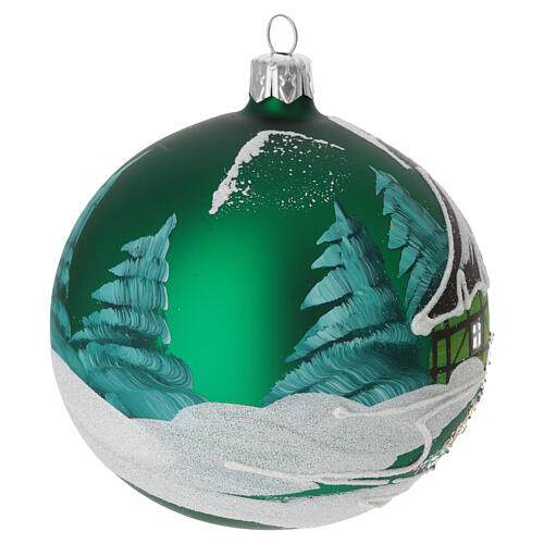 Weihnachtskugel aus Glas Grundton Grün Motiv skandinavische Hütte 100 mm 4