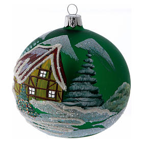 Christmas ball in green glass with Scandinavian lodge 100 mm