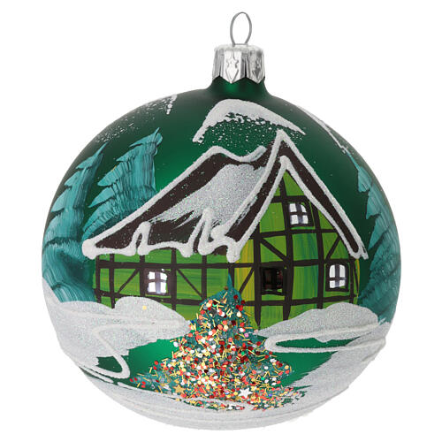 Christmas ball in green glass with Scandinavian lodge 100 mm 1