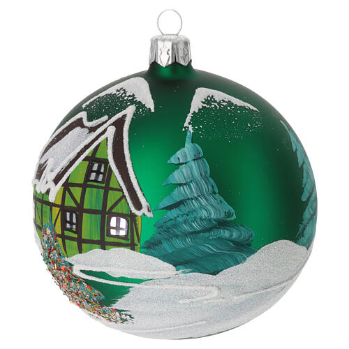 Christmas ball in green glass with Scandinavian lodge 100 mm 2