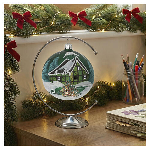Boule sapin verre vert chalet scandinave enneigé 100 mm 2