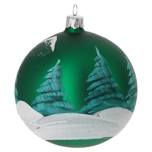 Bola árvore Natal vidro verde chalé escandinavo com neve 100 mm 3