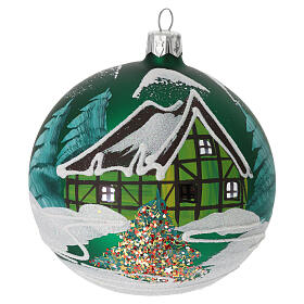 Green glass ball with snowed house design 10 cm