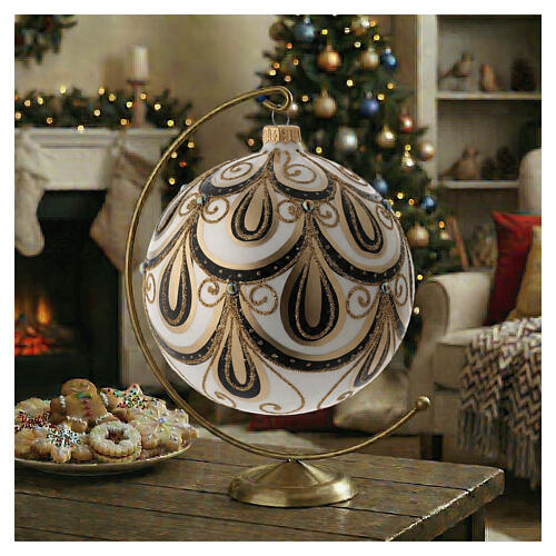 Palla Natale vetro color avorio decorato oro 200 mm 2