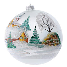 Weihnachtskugel aus Glas Grundton Grau bemalt Motiv schneebedeckte Almhütte 150 mm