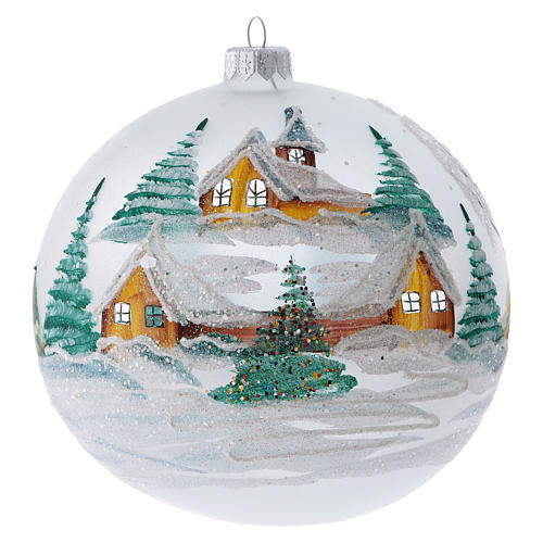 Weihnachtskugel aus Glas Grundton Grau bemalt Motiv schneebedeckte Almhütte 150 mm 1