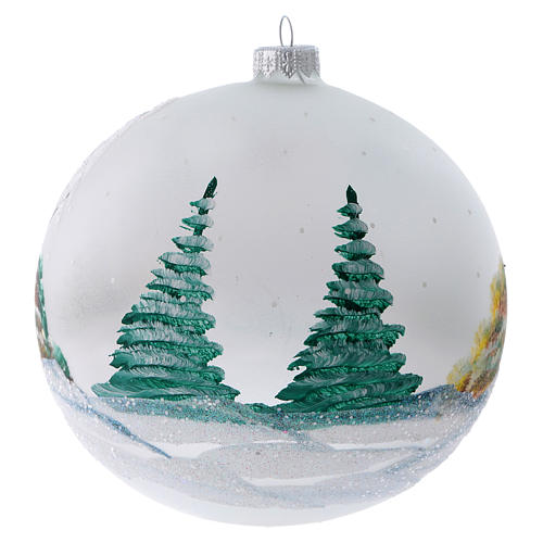 Weihnachtskugel aus Glas Grundton Grau bemalt Motiv schneebedeckte Almhütte 150 mm 3