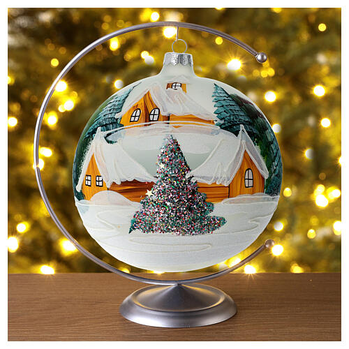 Bola árvore Natal vidro verde chalé escandinavo com neve 150 mm 2