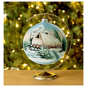 Boule sapin verre peint refuge de montagne enneigé 150 mm