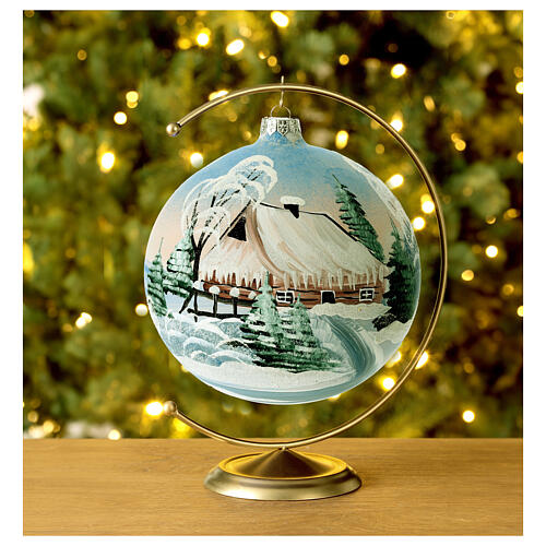 Boule sapin verre peint refuge de montagne enneigé 150 mm 2