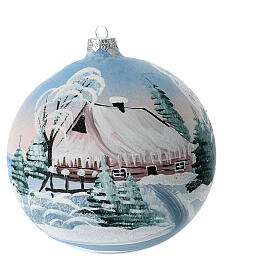 Blown glass christmas ball with snowed house and trees 15 cm
