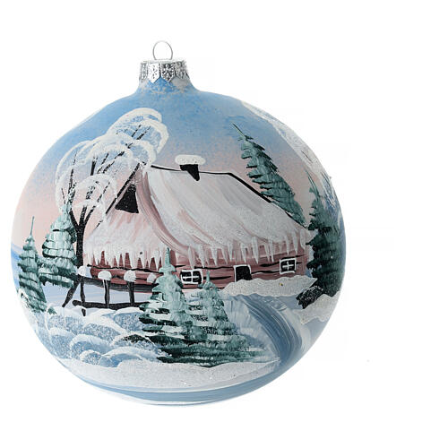 Blown glass christmas ball with snowed house and trees 15 cm 1