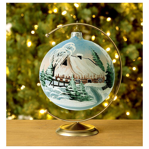 Blown glass christmas ball with snowed house and trees 15 cm 2