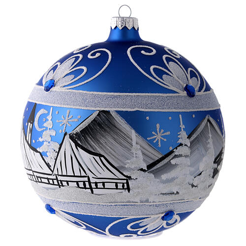 Weihnachtskugel aus Glas Grundton Blau Motiv nordische Winterlandschaft 150 mm 3