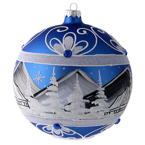Weihnachtskugel aus Glas Grundton Blau Motiv nordische Winterlandschaft 150 mm 4