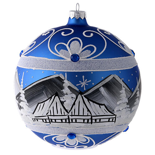 Weihnachtskugel aus Glas Grundton Blau Motiv nordische Winterlandschaft 150 mm 6