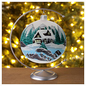 Weihnachtskugel aus Glas Grundton Perlgrau alpenländische Winterlandschaft 150 mm