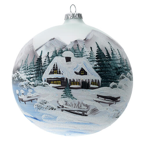 Christmas ball in pearl-grey glass with Alpine landscape 150 mm 1