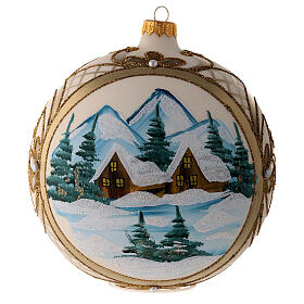 Weihnachtskugel aus Glas Grundton Cremeweiß Motiv schneebedeckte Winterlandschaft mit goldenem Rahmen 150 mm