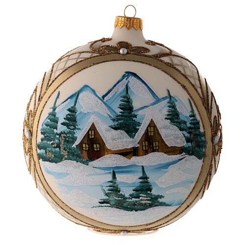 Weihnachtskugel aus Glas Grundton Cremeweiß Motiv schneebedeckte Winterlandschaft mit goldenem Rahmen 150 mm 1