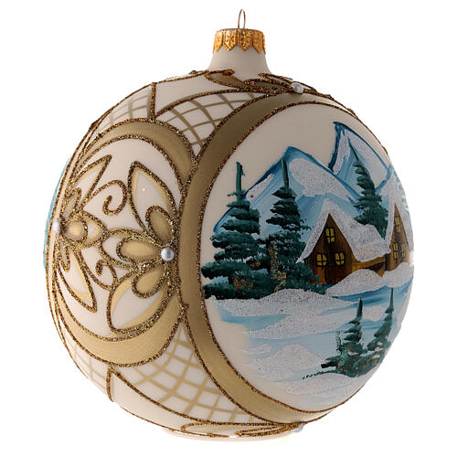 Weihnachtskugel aus Glas Grundton Cremeweiß Motiv schneebedeckte Winterlandschaft mit goldenem Rahmen 150 mm 5