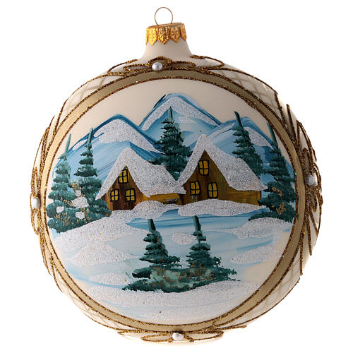 Weihnachtskugel aus Glas Grundton Cremeweiß Motiv schneebedeckte Winterlandschaft mit goldenem Rahmen 150 mm 6