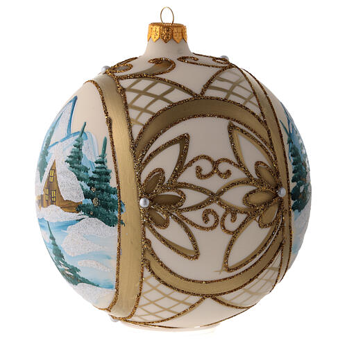 Blown glass christmas ball with snowy scenery and gold decoration 15 cm 3