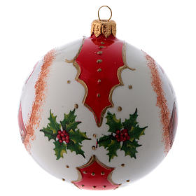 Weihnachtskugel aus Glas Grundton Weiß Motiv Weihnachtsmann und Stechpalmenblätter 100 mm