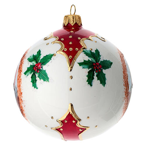 Weihnachtskugel aus Glas Grundton Weiß Motiv Weihnachtsmann und Stechpalmenblätter 100 mm 3