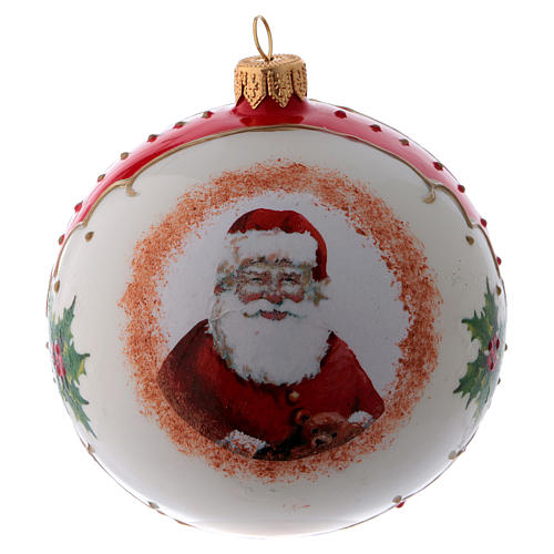 Christmas ball in white glass with Santa Claus and holly 100 mm 3