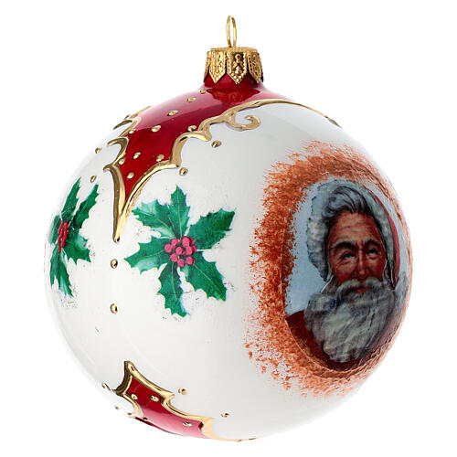 Boule verre blanc Père Noël et houx 100 mm 4