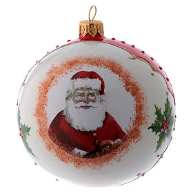 Pallina vetro bianca Babbo Natale e agrifoglio 100 mm