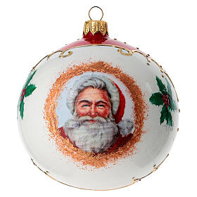 Pallina vetro bianca Babbo Natale e agrifoglio 100 mm