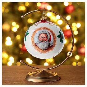 Pallina vetro bianca Babbo Natale e agrifoglio 100 mm