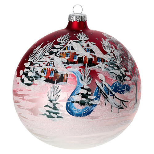 Boule pour sapin verre rouge paysage de Noël 150 mm 1